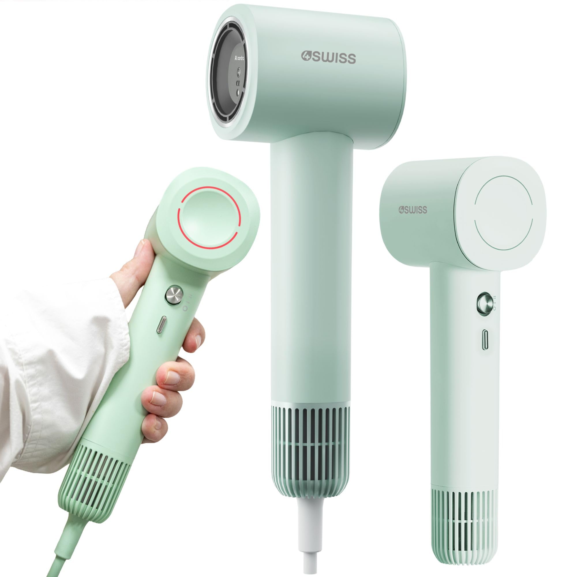 4Swiss Suszarka do Włosów Jonowa do Włosów Hair Dryer Wygładzająca Mała Podróżna Hairdryer Cicha Poręczna Lekka Regulacja Temperatury Prędkości 1000W Zwiększająca Objętość - F326 SmartAI+ Miętowy