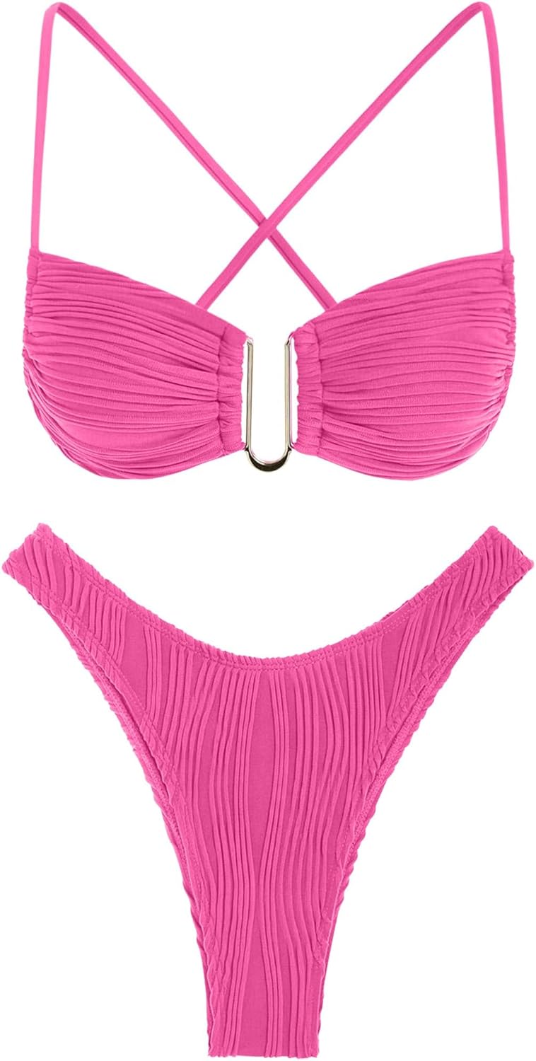 ZAFUL Women's Textured Underwire Bikini Set V Notch High Cut Swimwear Tie Side Ribbed Sexy Swimsuits