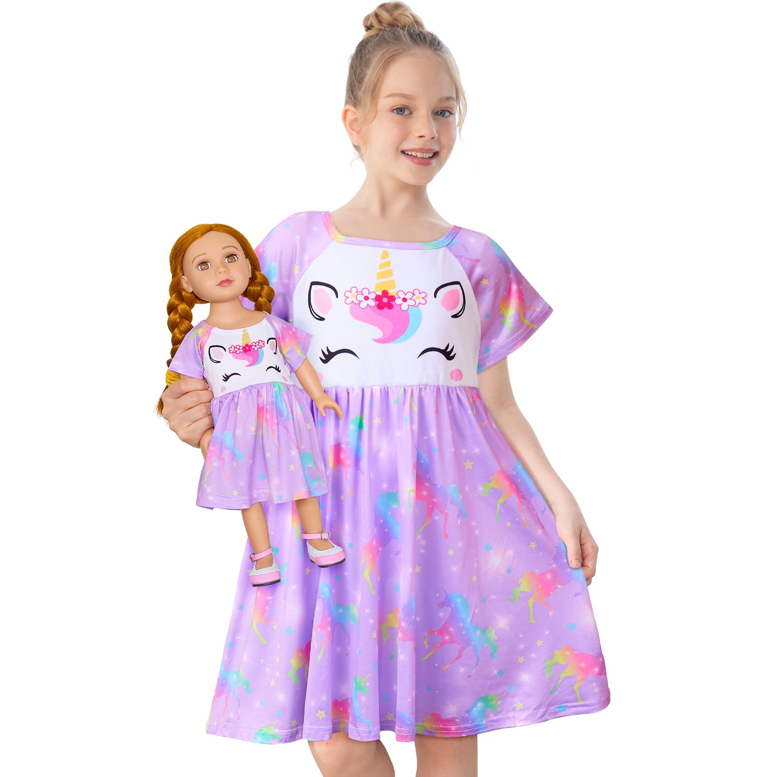 Play Tailor Doll & Girl Matching Nightgown for 18" Doll Clothes Accessories | Doll Not Included, Doll Clothes for 18 Inch Dolls, Birthday Christmas Gift, Soft Breathable Stretch Fabric, Knee Length Lavender 4-5T