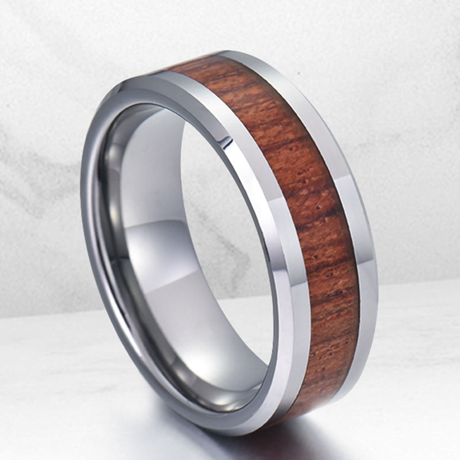 Anillos Pareja,Anillo Nombre Personalizado Anillos Tungsteno 8MM Anillo Plata Marrón con Grano de Madera Anillo Boda Pareja
