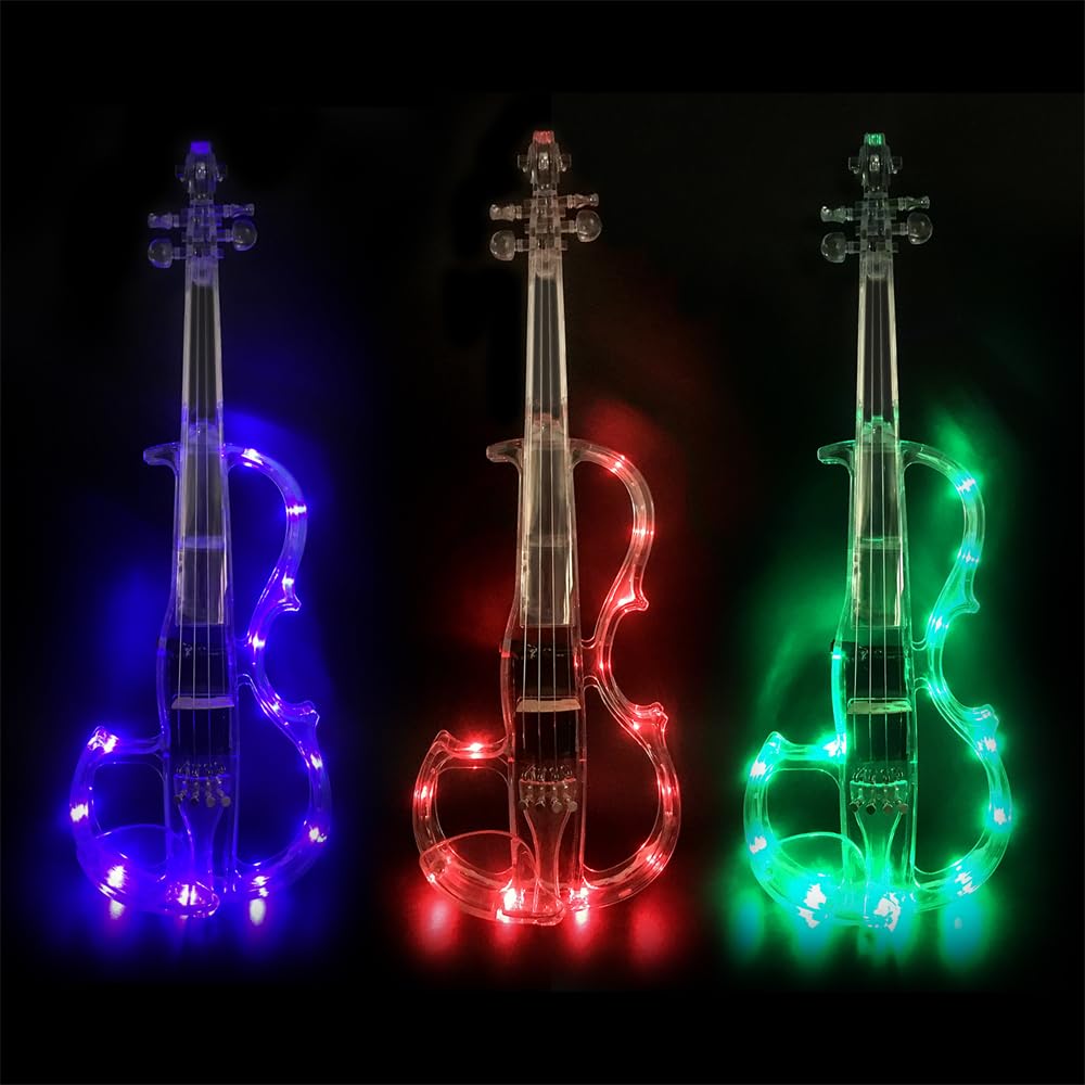 Violino elettrico a 4 corde, in acrilico trasparente, con luci LED a tre colori, archetto, mentoniera, spalliera, cavo e custodia, per principianti (metà #8)
