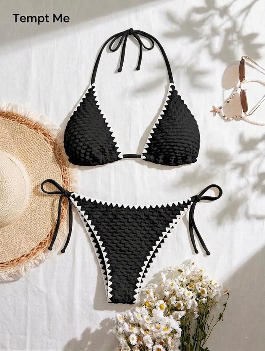 Women Texured Triangle Bikini Set Halter Two Piece String Sexy Swimsuit | contrast trim,tie side,high cut,cheeky,adjustable straps,removable pads
