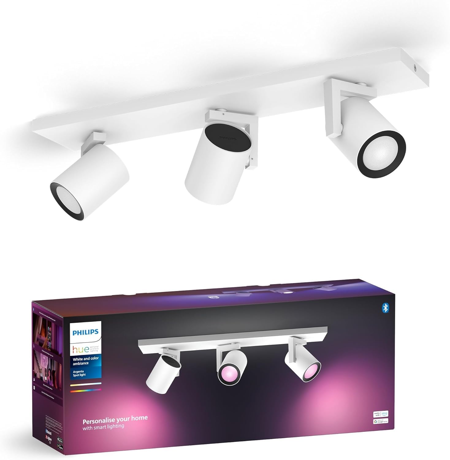 Philips Hue Argenta White & Color Ambiance Lampada da soffitto con tre faretti, faretti LED dimmerabili per il sistema Hue, controllo intelligente della luce tramite voce e app, bianco.