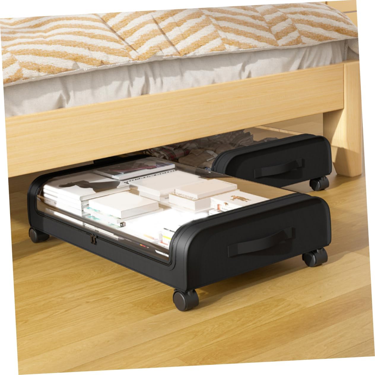 Happyyami Bed Storage Basket Wheels Multi-functional Organizer for Clothes Toys and Blankets Mesh Structure Space-saving Design Cover