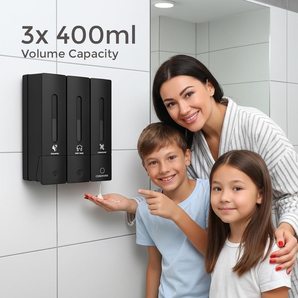 Soap Dispenser - 3 Chamber - 3x400ml - No Drill Wall Mount Bottles Organizer Toiletries for Cream Lotion Liquid Soaps Shampoo Conditioner Storage - Modern Essentials Bathroom Set - Black 2