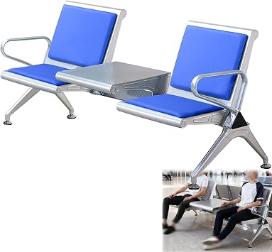 68.9"x26.8"x30.7" 2-Seat Waiting Room Bench Seat Height 16.5" Waiting Room Chair with Arms & Side Table Lobby Seating PU Leather Reception Bench for Office Airport HospitalBlue