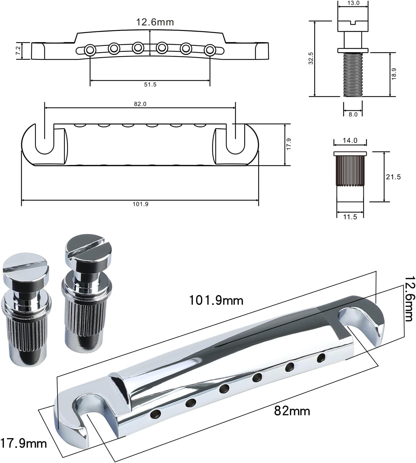 Chrome Tune-O-Matic Guitar Bridge and Stop Bar Tailpiece Combo M8 Metric Thread 6 String Fixed Bridge Compatible with Les Paul LP SG Style Electric Guitar Replacement Parts