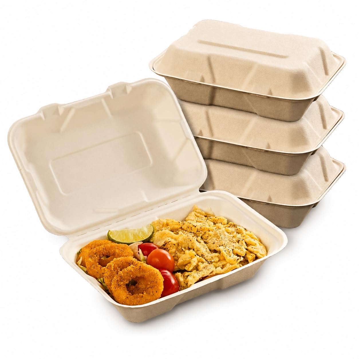 Caneeco 50-Pack Bagasse Sugarcane Takeaway Meal Boxes 9"x6" Clamshell Food Containers TUV Home Compostable Certified, Unbleached, PFAS Free & Sturdy for Hot & Cold Food, Restaurants, BBQs Parties