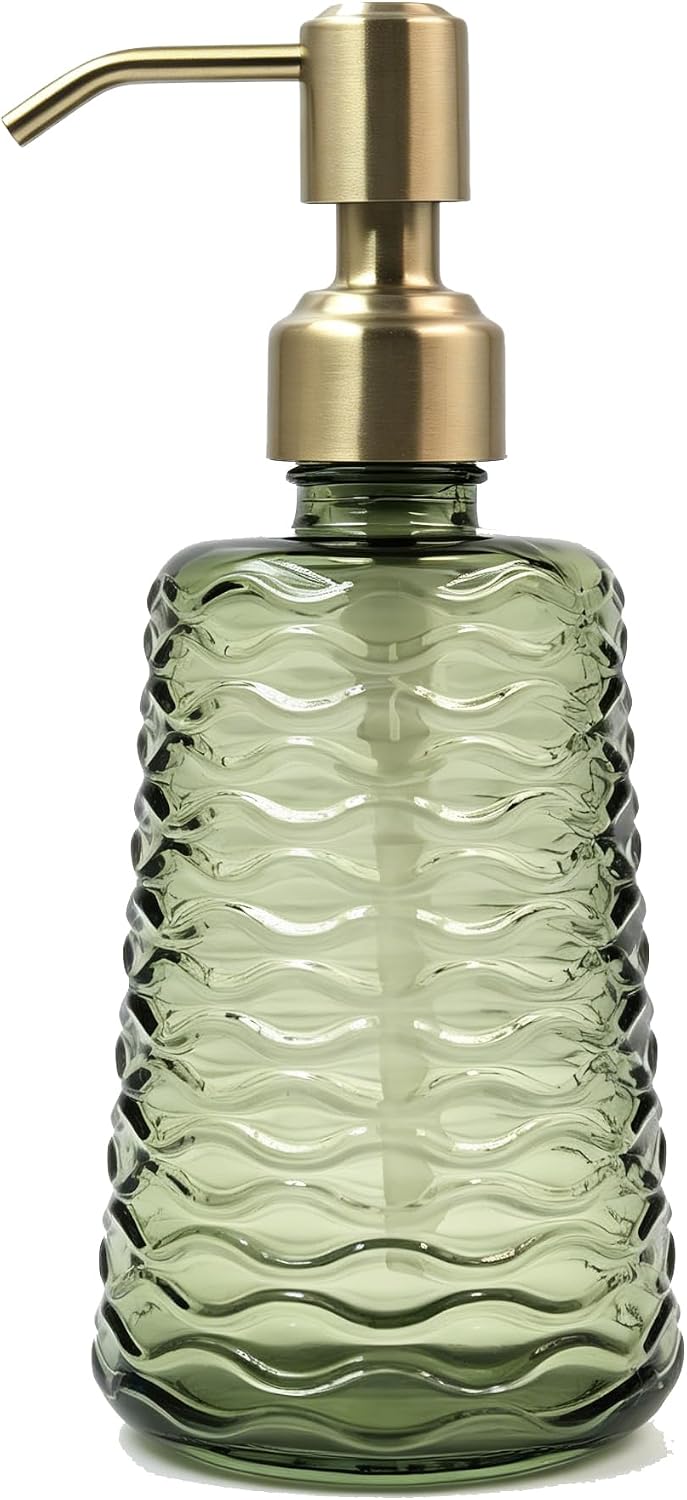 Glass Soap Dispenser with Brushed Gold Stainless Steel Pump Vintage Wavy Green Glass Refillable Hand Soap Bottle 11.8 oz for Bathroom & Kitchen Countertop(Green)