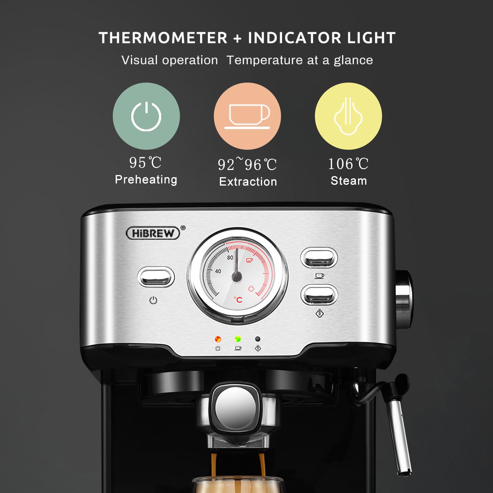 HiBREW H5A Cafetera Espresso Semiautomática 20 Bar Acero Inoxidable | Pantalla de temperatura, función de agua caliente y varilla de vapor ajustable para preparar cappuccino y latte