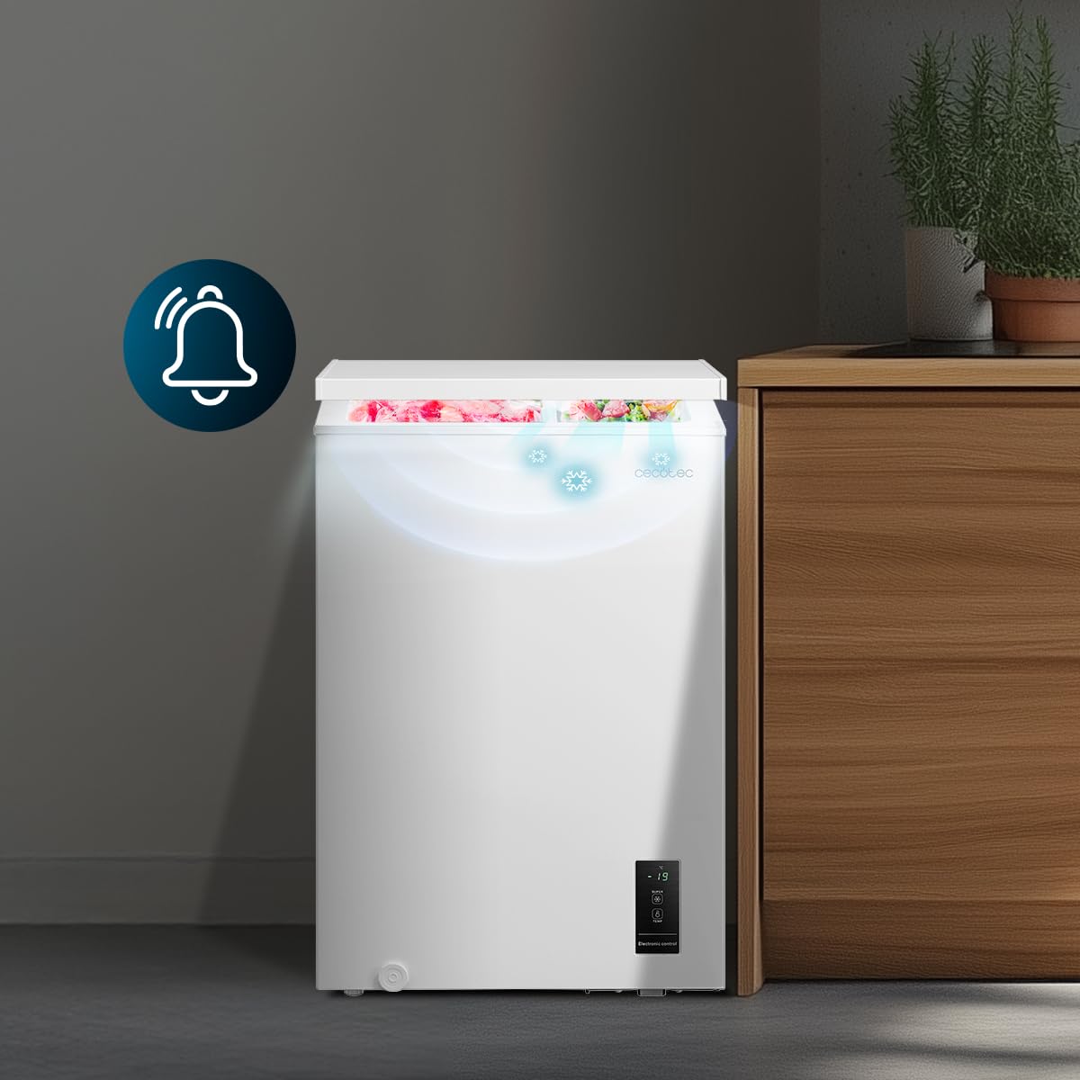 Cecotec Congelatore Orizzontale 99L Bolero CoolMarket Chest 99P White E. Cestello con Maniglie, Controllo Elettronico LED, UltraContact D-Cool, Dual Function, Porta ZeroG (80º-30º), Fast Freezing
