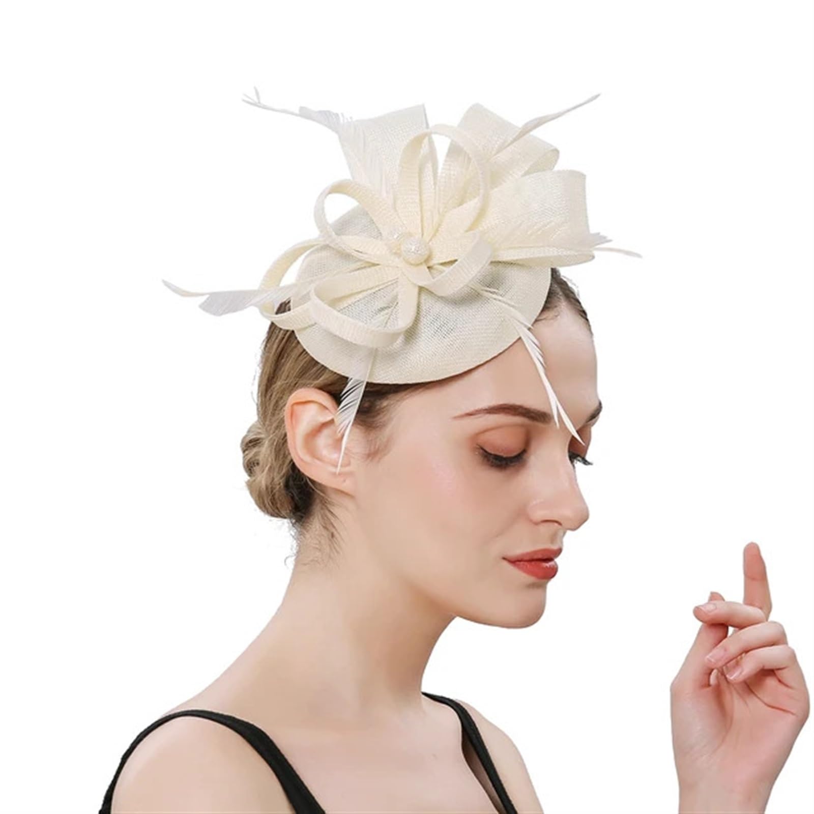 UALXPAO Wedding Hats Women Fascinator Hat Cocktail Wedding Church Headwear Feather Hair Accessories Lady for Tea Party,Weddings(Beige)