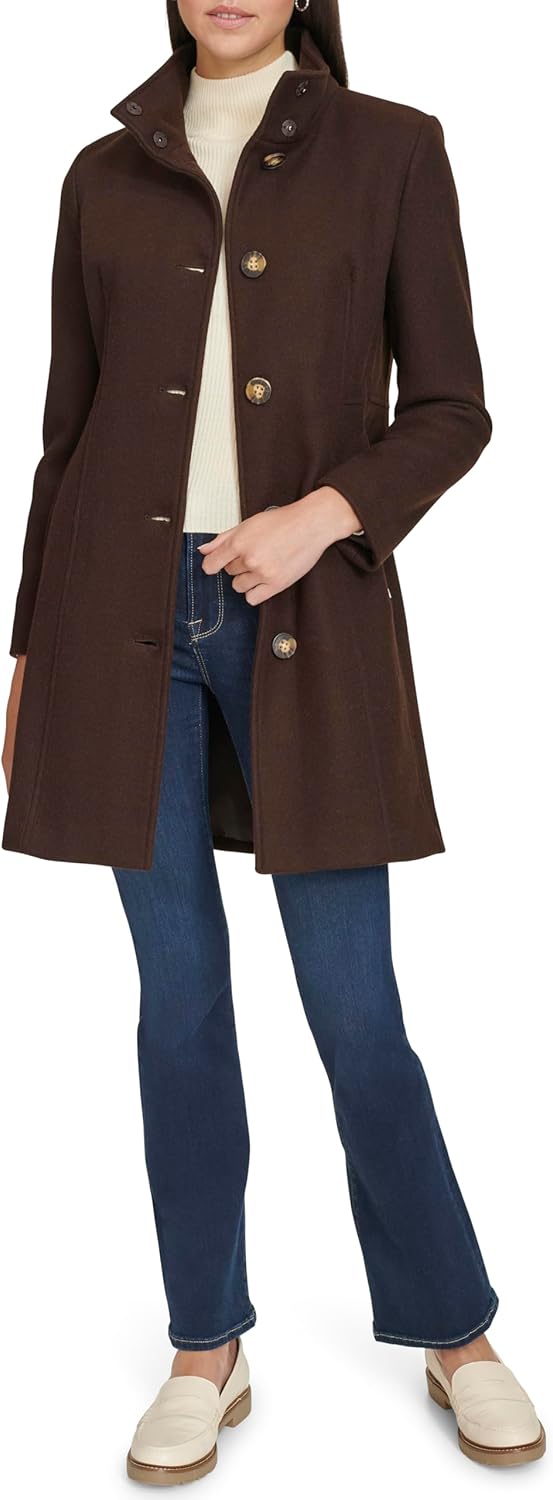 Calvin Klein Women's Faux Wool Coat – Long Button Front Dress Coat With Stand Collar