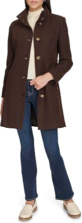Calvin Klein Womens Pea Coat Faux Wool Coat - Long Button Front Dress Coat With Stand Collar