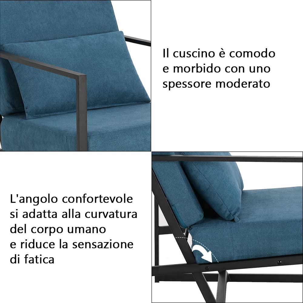 Mingone Sessel Gepolsterter Cocktailsessel Relax Polstersessel Stuhl Lehnstuhl Blau aus Leinen Loungesessel mit Handläufen Eisengestell für Wohnzimmer, 1