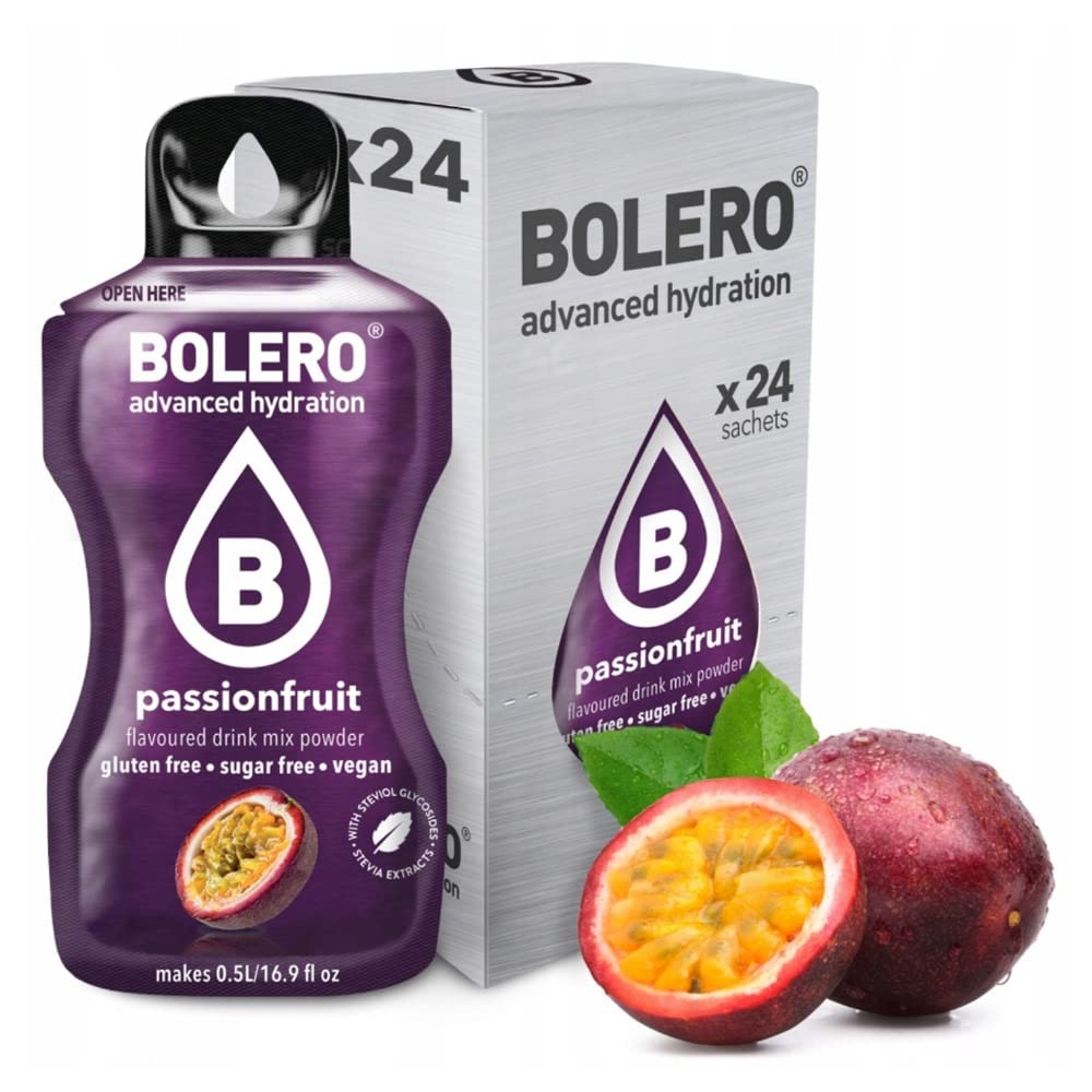 Bolero napój 24 saszetki 3 gr gramów kije owoce przygotowany proszek rozpuszczalny do świeżego napoju w wodzie produkt, 72 g słodzony stewii (Passionfruit)