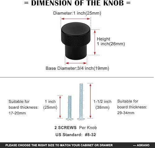 Miniatura 5 de ASKANO AK1301 - Paquete de 20 pomos negros moleteados para armario de cocina, manija redonda, herrajes sólidos para cajón, tocador, baño, tocador,