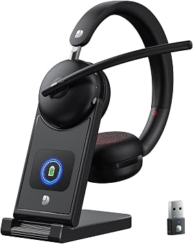 Dytole Wireless Headset with Mic for Work-Bluetooth 5.3 Headset with Microphone Noise Cancelling, Wireless Headsets with 65H Battery & 10Min Fast Charge, Smart Charging Dock for PC/Laptop/Team, Black