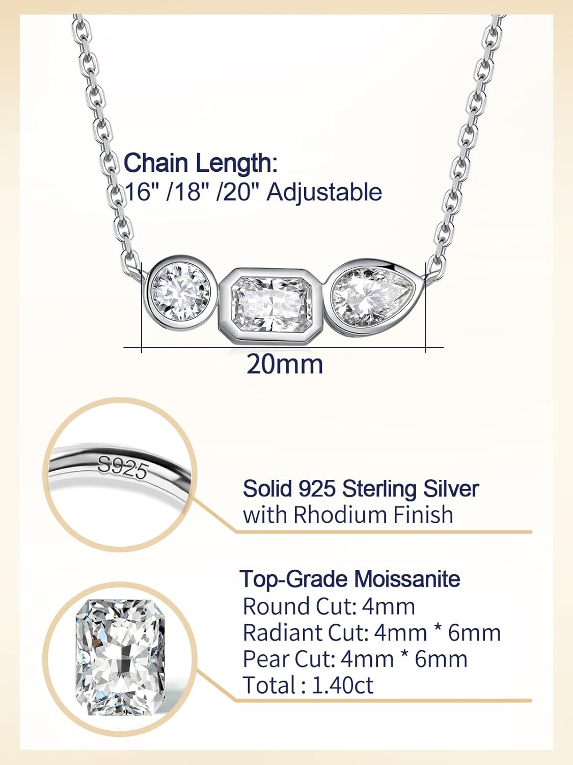 CYW Moissanite/Ruby/Sapphire/Emerald Dainty Pendant Necklace for Women, Novelty Design, Really Authentic Solid 925 Sterling Silver, 16"/18"/20" Adjustable, Birthday Anniversary Valentines Gift - Image 5