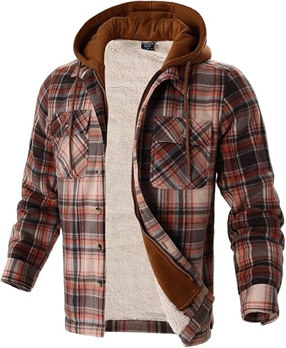 Yasumond Men's Sherpa Lined Full Zip Hooded Plaid Shirt Jacket Brown Tan