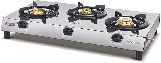 USHA Maxus GS-3001 Cooktop 3 Burner Gas Stove (Stainless Steel, Black, Manual)