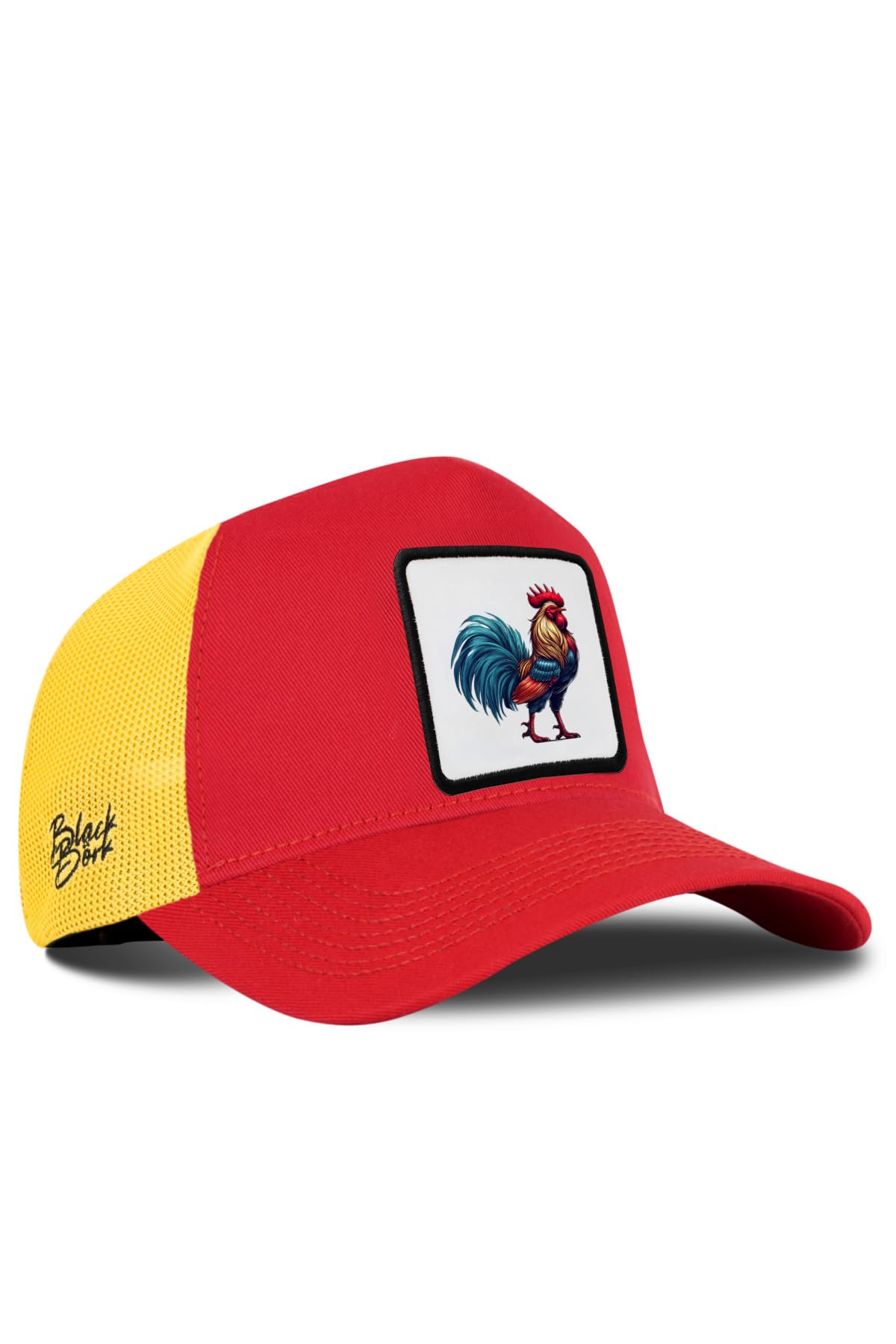 Gorra de Trucker Premium Rojo - Amarillo con Parche Gallo Colorido