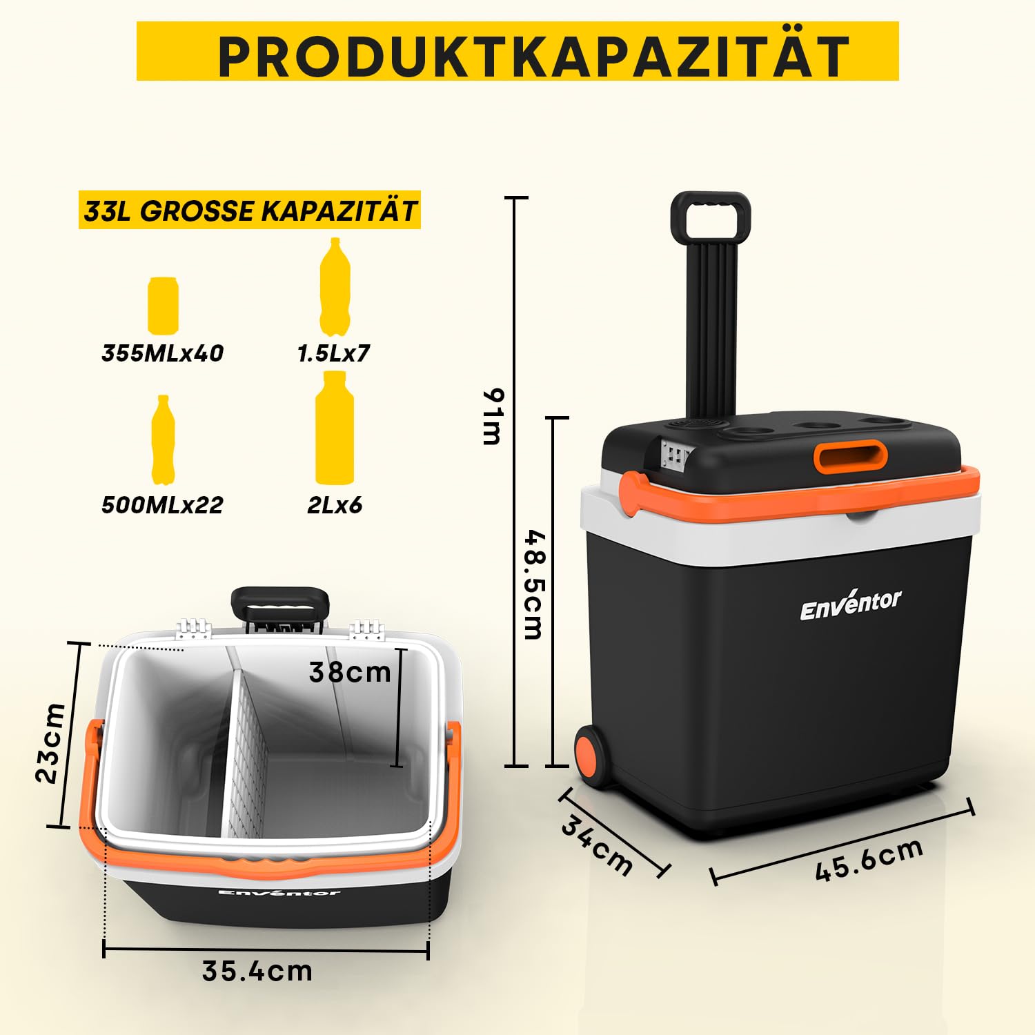 Enventor Kühlbox mit Rollen 33 Liter, 12V 230V, ECO Modus