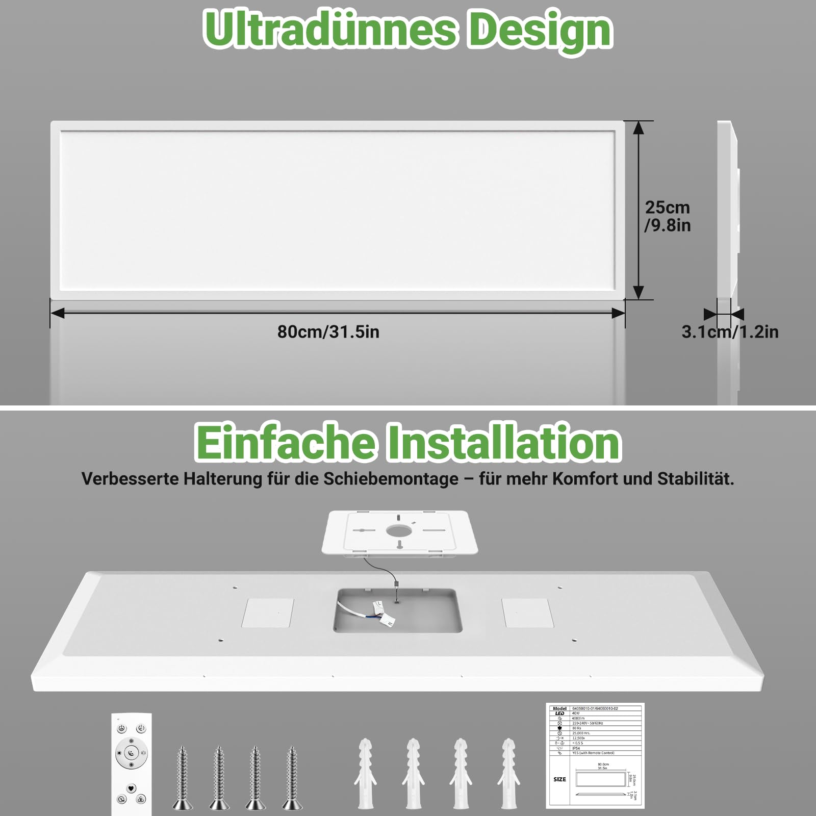 zemty LED Panel Deckenleuchte 80x25 cm, 40W 4000LM Deckenlampe Flach mit Fernbedienung Dimmbar, 3000-6000K Tageslichtlampe Decke Lang für Küche Schlafzimmer Wohnzimmer
