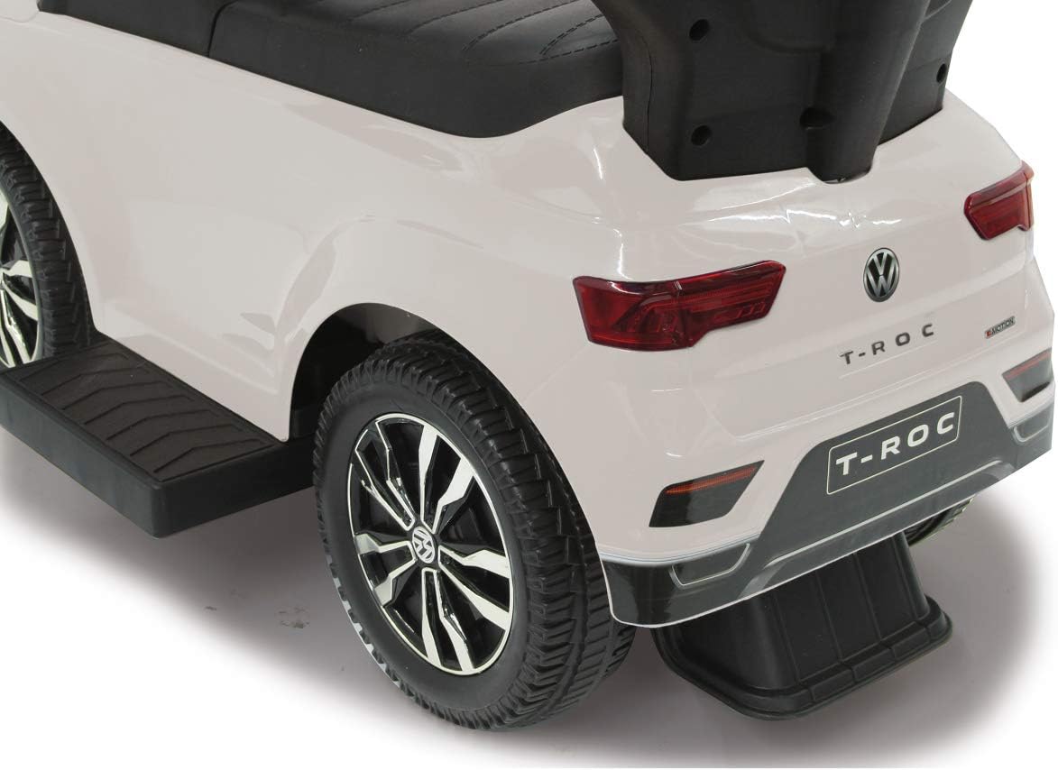 Jamara 460463 - Push Car VW T-ROC 3in1 White - Tilt Prevention, Backrest, Side Guard, Extendable Footrest, Sounds, Horn, Cup Holders