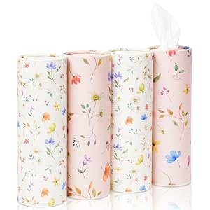 4 Pack Pink Wild Floral Car Tissue Holder with 3-Ply Facial Tissues - Round Cylinder Tissues Fits Car