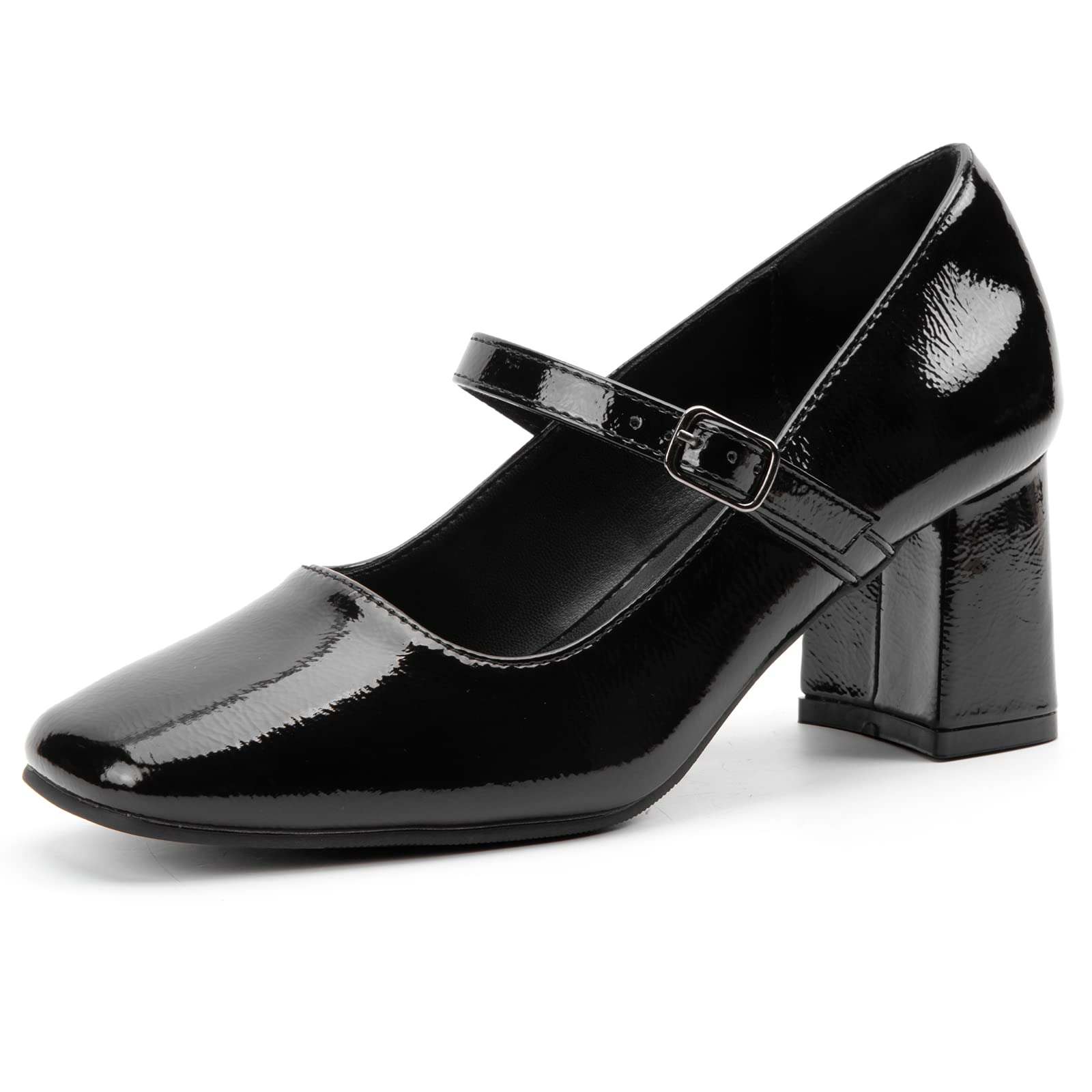 GreatonuWomens Chunky Low Block Heels Mary Jane Shoes Faux Patent Leather  Ankle Strap Square Toe Retro Court Shoes Office Party Wedding Dress Shoes