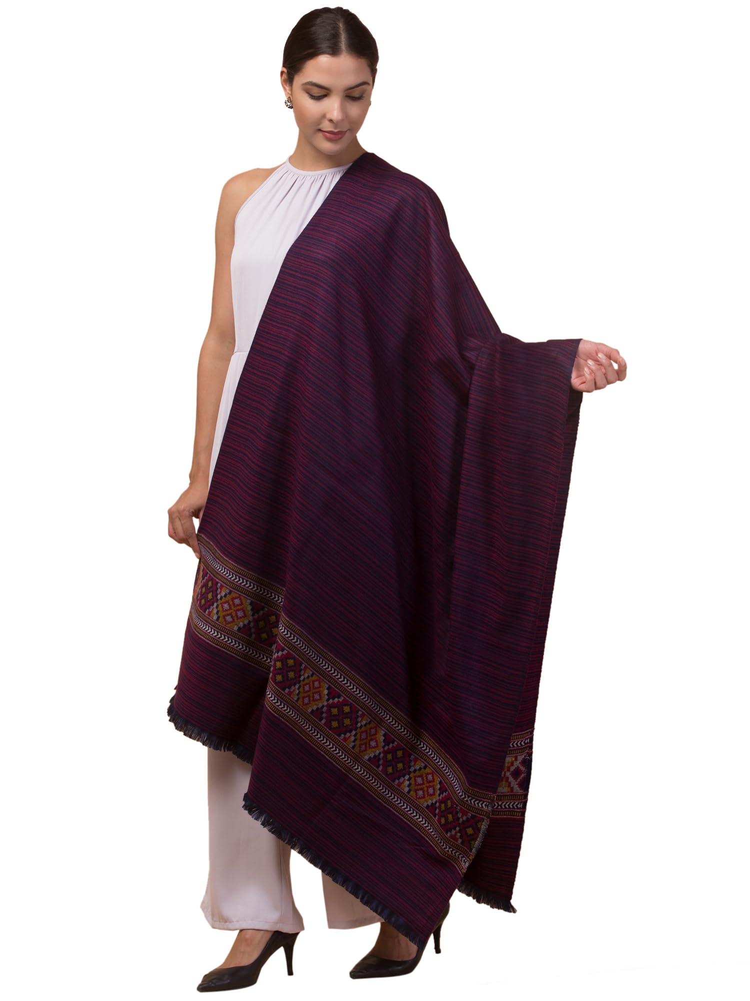 tweedle Women's Ethnic Shawl/Stole for Winters, Reversible, Wool Blend, Traditional Kullu Design- Purple (Size – 40 x 80 inches)