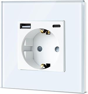 TAWOIA Schuko Steckdose mit USB C 20W, EU-Standard 1 Fach Unterputz Steckdose mit Kristall Glas Platte Wandsteckdosen Weiß 86 * 86mm