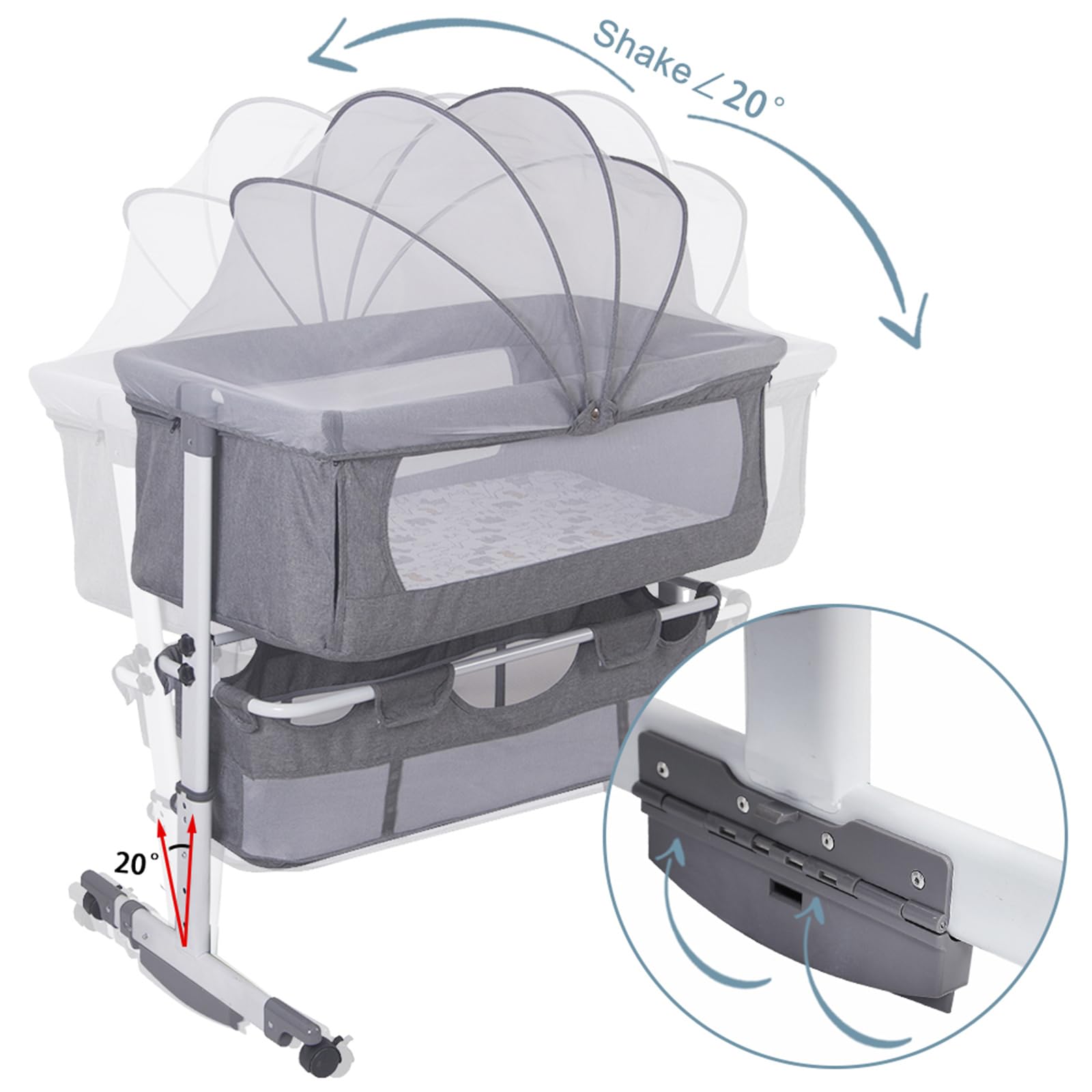 homewell Cododo Babywiege, tragbar, höhenverstellbar, 3-in-1-Babybett, mit Aufbewahrungstasche, Rollen und Moskitonetz