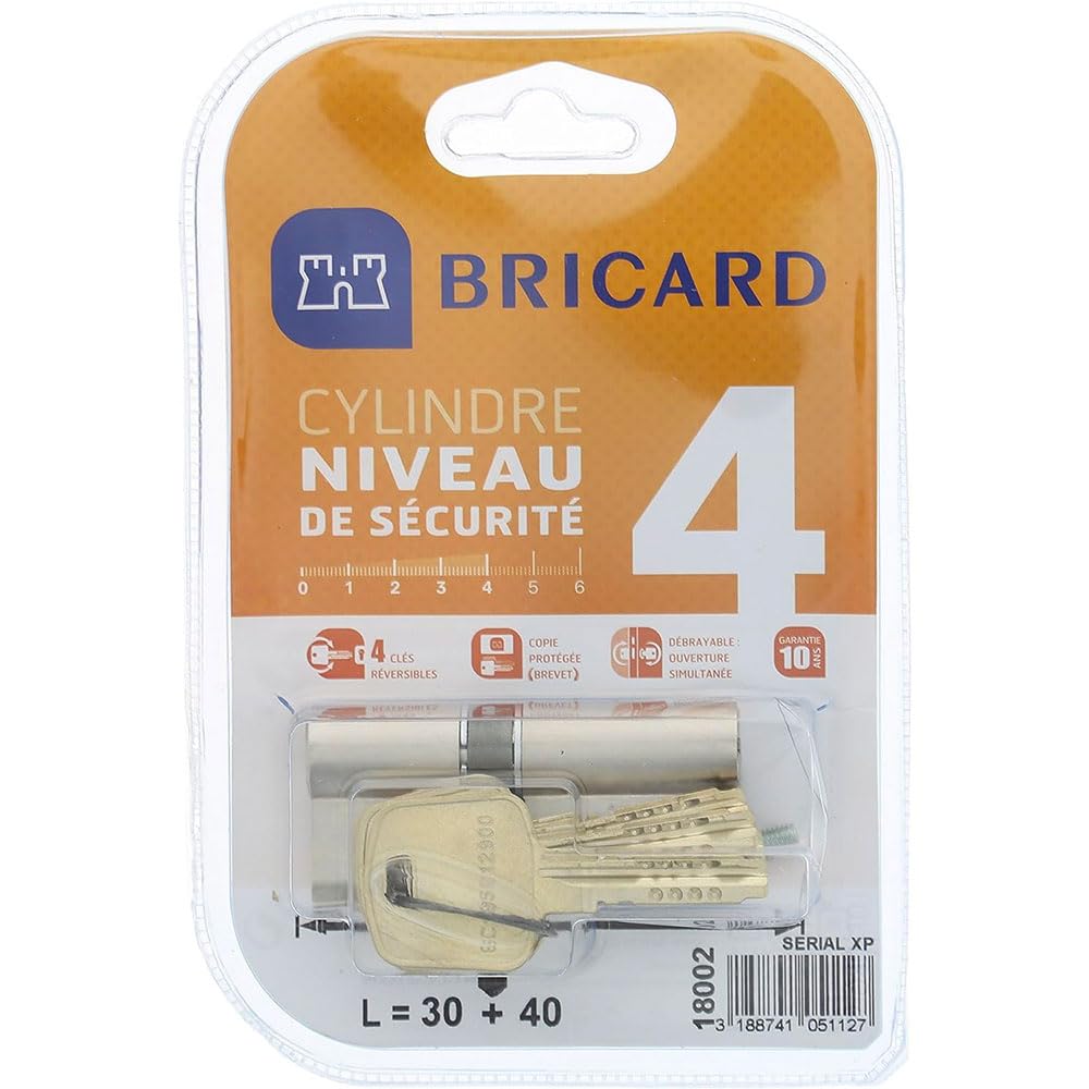 Bricard 18002 Cylindre de serrure double entrée Serial Xp 30+40 Nickelé