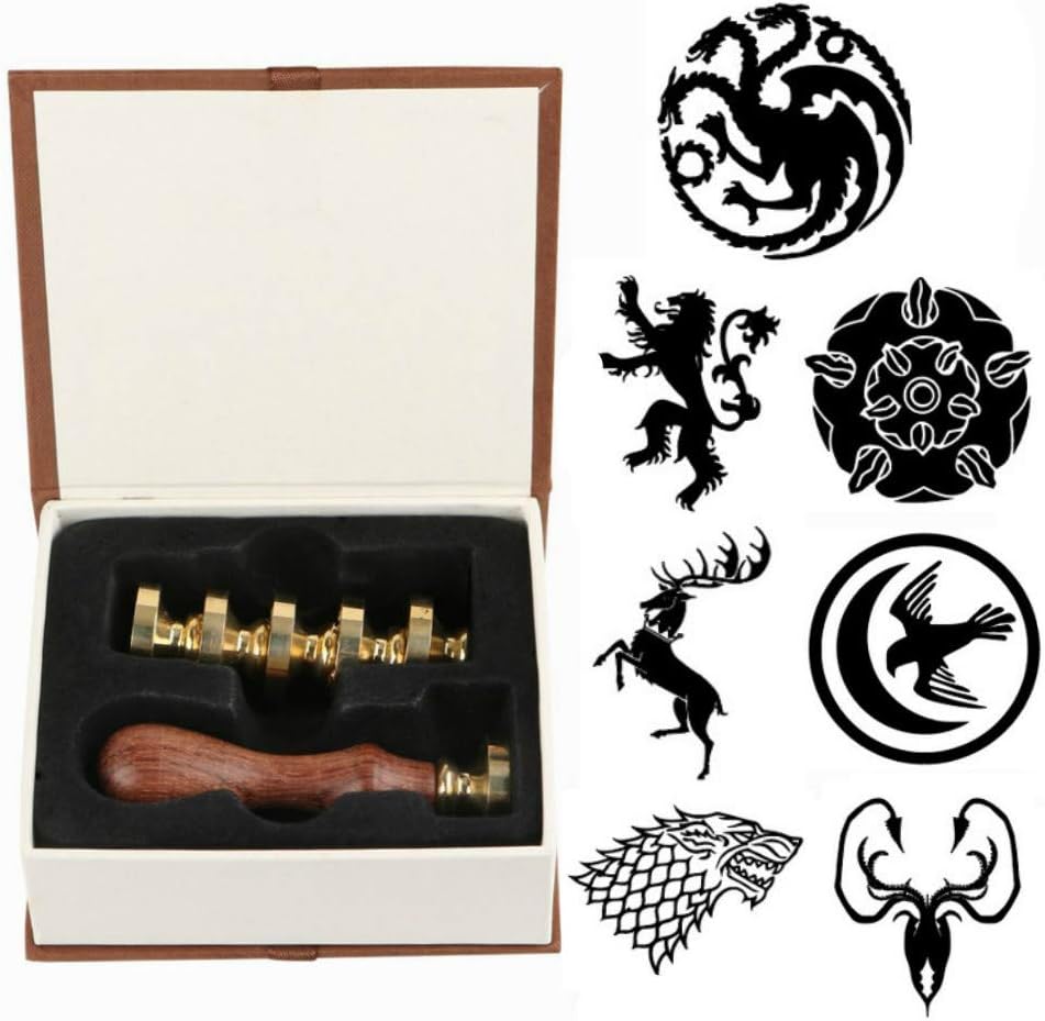 House Stark Wax Seal Stamp Set, SeeSky 7 Pieces Game of Thrones Ice Song Seal Wax Stamps Copper Seals + 1 Piece Wooden Hilt, House Lannister Targaryen Tyrell Wax Stamp for Christmas (Ice Song Set)