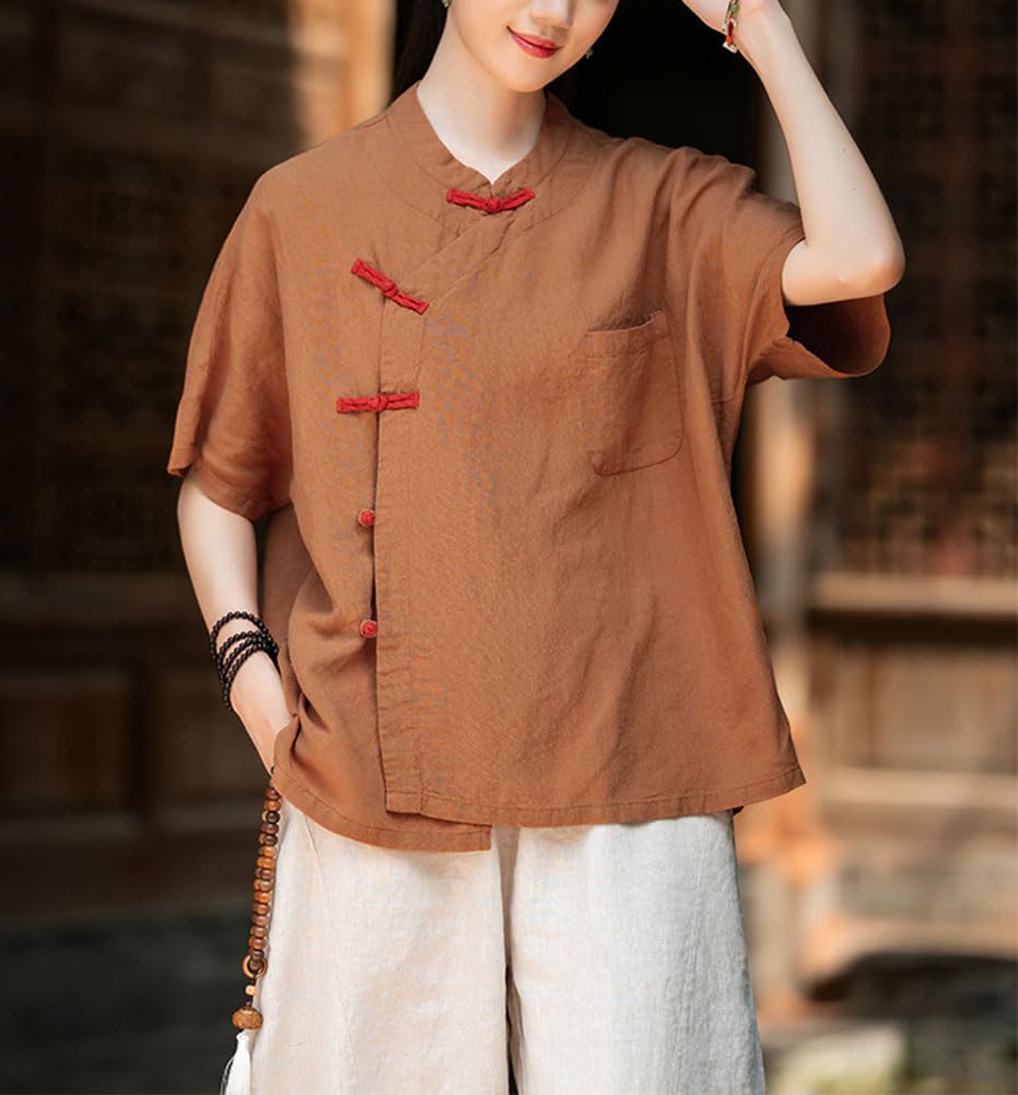 Camicia cinese da donna con colletto alto, bottoni a rana, maniche corte, camicetta zen con tasca