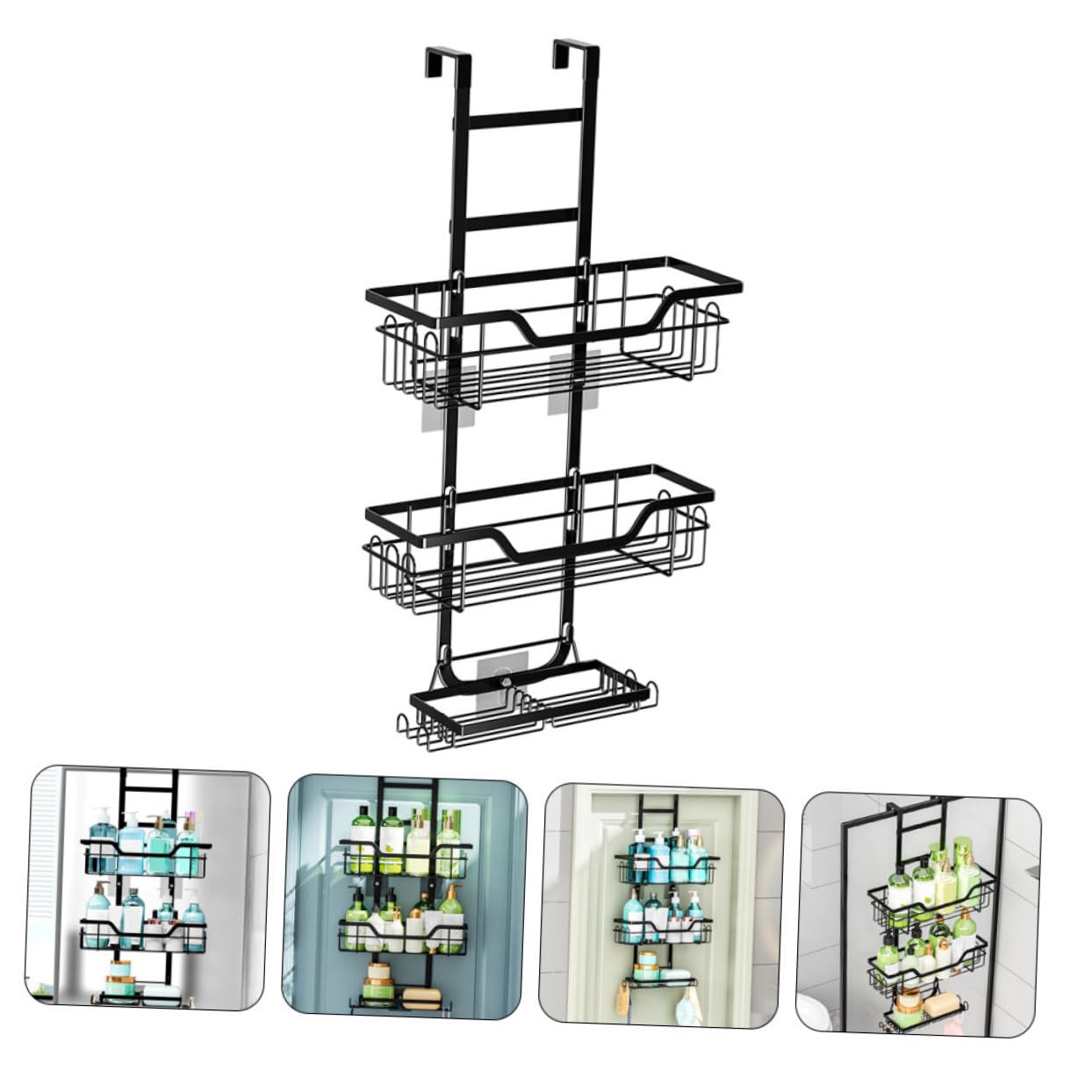 Abaodam 3nivel Estantes de Baño Colgantes sobre Puerta Perforaciones Estante de Almacenamiento de Metal Negro para Ducha