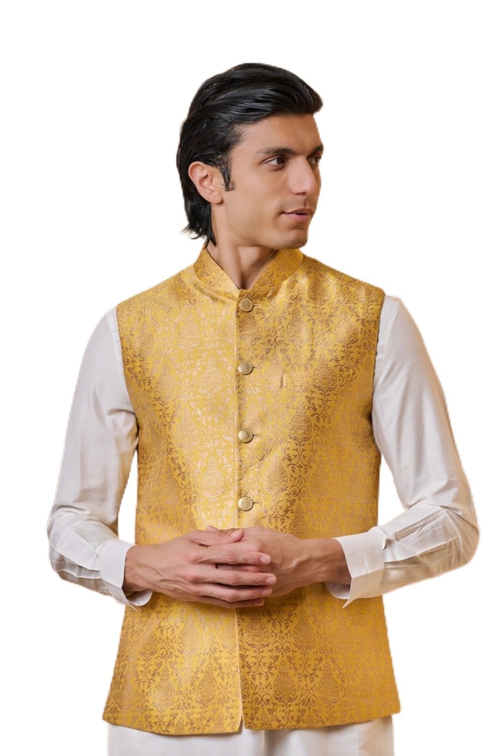 tasva Yellow Classic Brocade Bundi For Men-picture-46