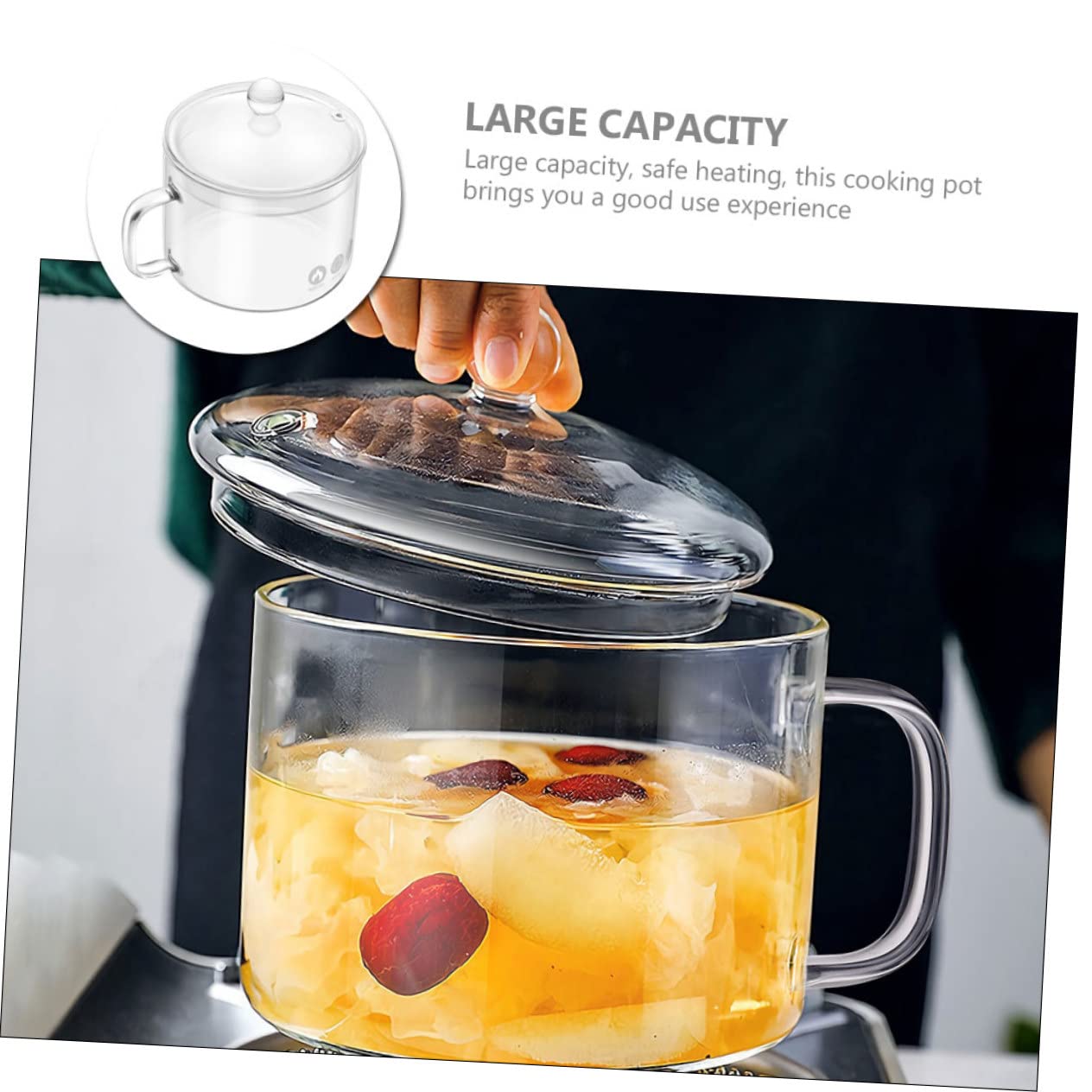 Olla de Vidrio para Fideos Tapa y Asa, Gran Capacidad | Vidrio Plata, Calentamiento Seguro, Formato para Noodles y Comida de Ñiño