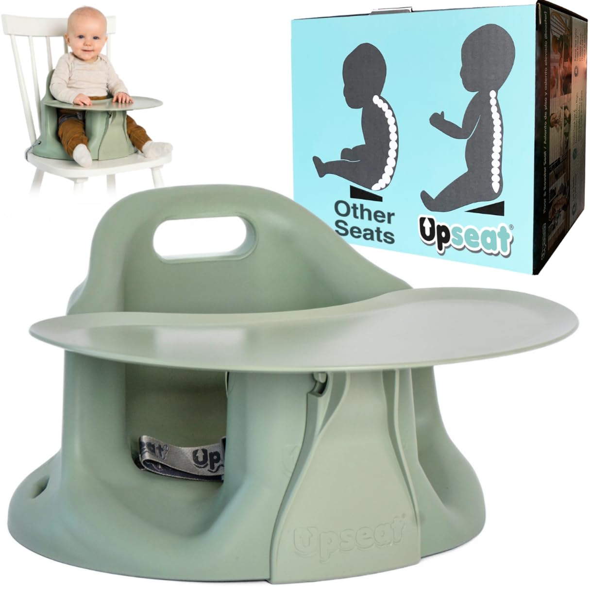 Upseat – The Original Ergonomic Baby Floor & Booster Seat with Tray, Developed with Physical Therapists for Upright Posture & Healthy Hip Development, 4–24 Months, Extra-Large Tray (Sage)