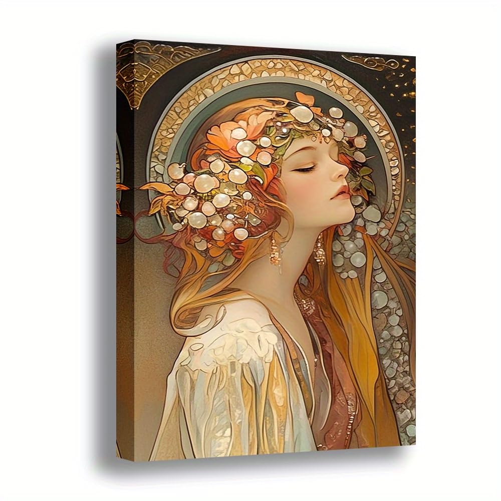 DFZEWKI Floral Crowned Woman in Romantic Art Nouveau Inspired Design Canvas Artwork for Home and Office Decor(50x70cm(20x28in)/No frame)
