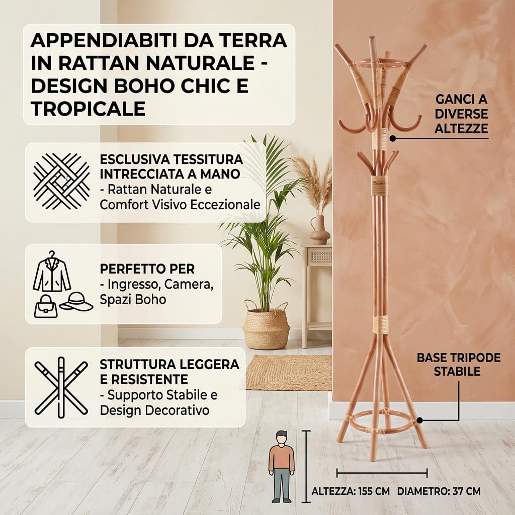 Appendiabiti da Terra in Rattan Naturale Stile Boho Chic con Ganci a Diverse Altezze, Design Decorativo per Ingresso e Camera da Letto, 37 x 155 cm