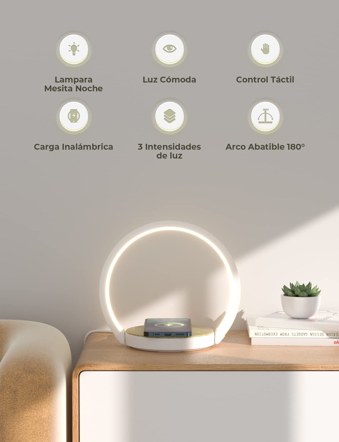 Lámpara de Mesita de Noche Tactil, Regulable en 3 Niveles, Lamparas de Mesita de Noche con Cargador Inalámbrico, Luz Nocturna LED, Para Dormitorio, Escritorio o Regalo