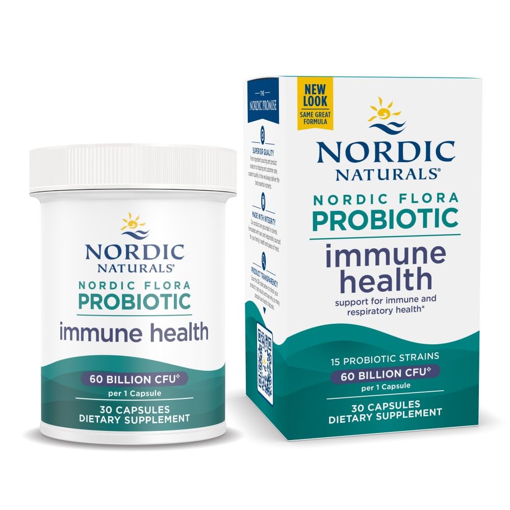 Nordic Naturals Nordic Flora Probiotic Immune Health - 30 Capsules - 15 Probiotic Strains with 60 Billion Cultures - Immune Support, Digestive Health - Vegan - 30 Servings