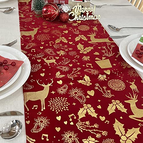 Whomeaf Lavish Christmas Red Gold Velvet Table Runner Winter Seasonal Bronzing Deer Table Runners Xmas Snowflake Merry Box Table Center Decor For Kitchen Dining Home Party (13X72 In) #TOP1