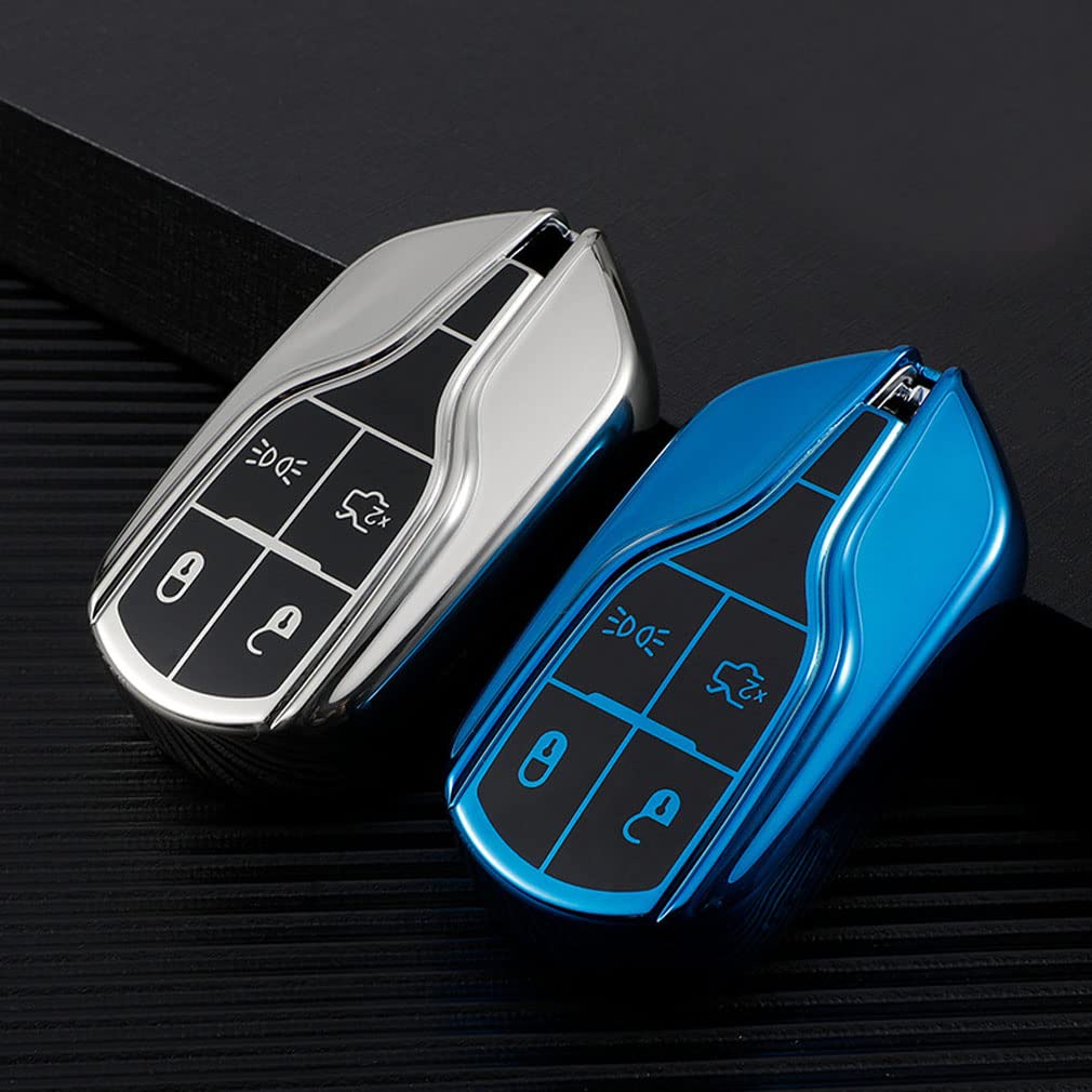REVHQ Luxury Soft Chrome TPU 360 Protection Smart Buttons Key Fob case Cover for Maserati Levante GT Quattroporte Ghibli (1 Blue 1 Silver)