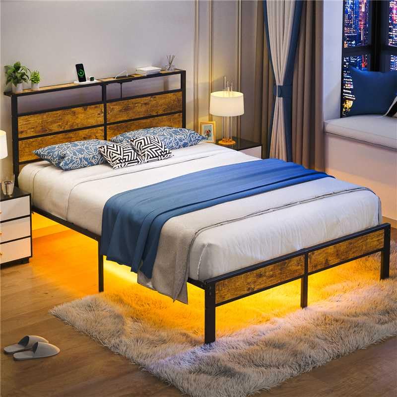 Queen Size Bed Frame with USB Charging Station and Headboard, Black Metal Platform Bed with LED Lights, No Noise Design, No Box Spring Needed