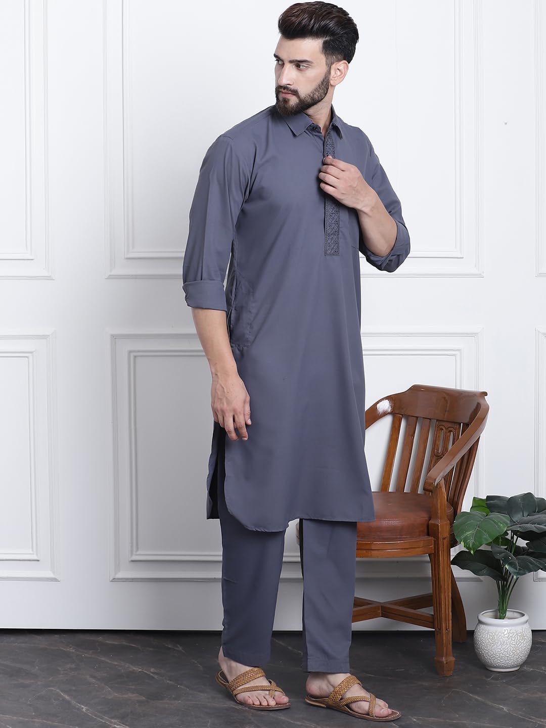 Sojanya (Since 1958 Men's Cotton Grey Pathani Kurta Salwar Set