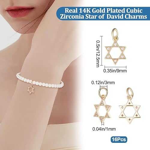 Miniatura 2 de Beebeecraft 1 Box 16Pcs Star of David Charm Star Pendant Charms 14K Gold & Platinum Plated Brass Cubic Zirconia for Jewelry Making Necklace DIY